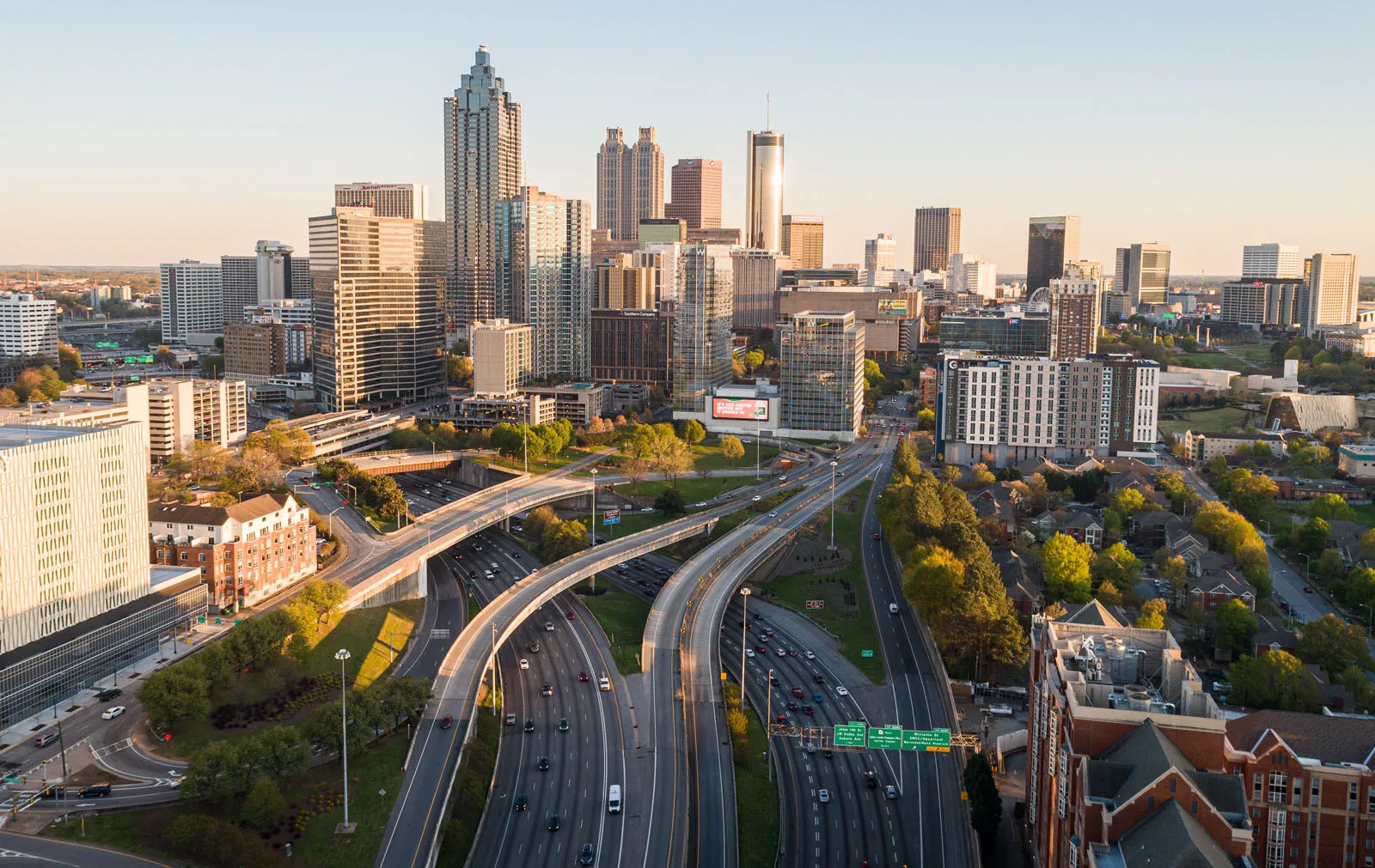 Aerial view of the Atlanta skyline at golden hour
