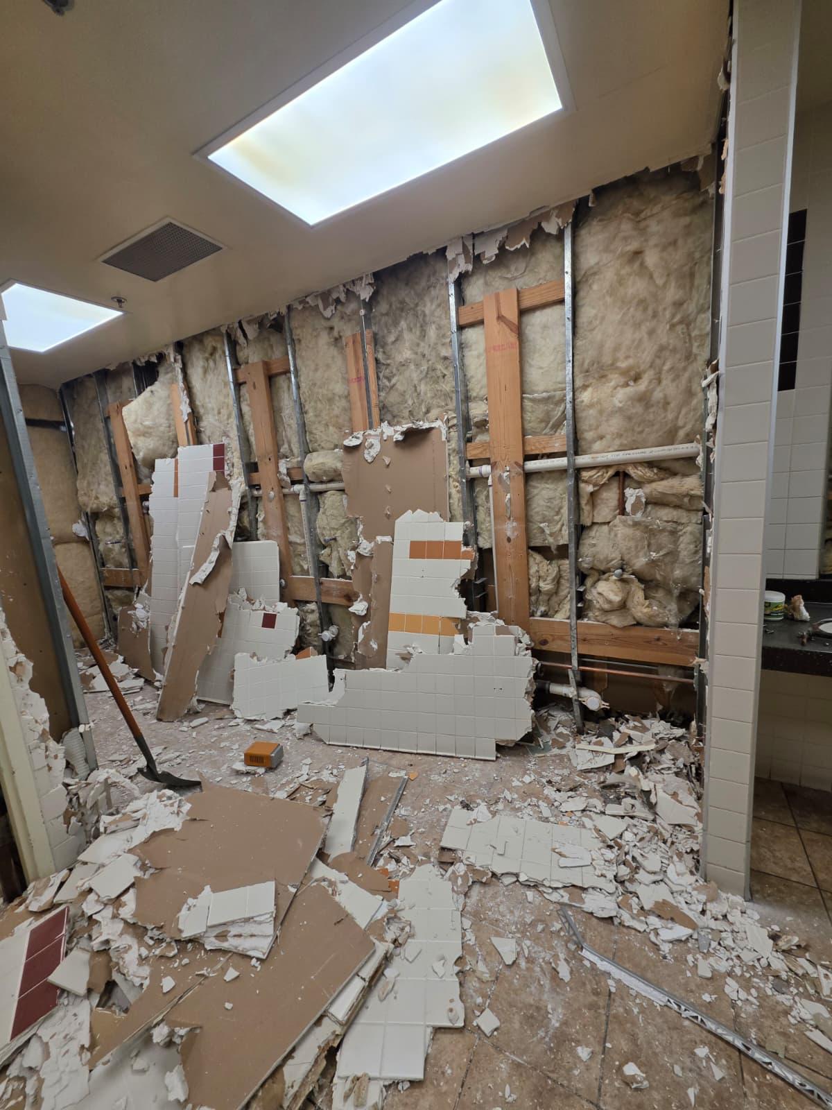Full-height tile and drywall removed, plumbing and framing exposed for the next trade.